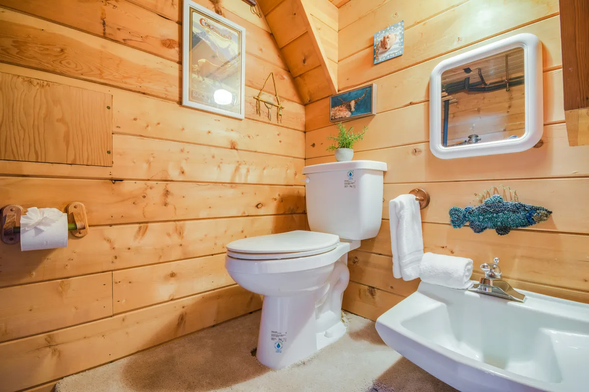 A cozy half bath with wood paneling, a small sink, toilet, and decorative mirror. The space is intimate and functional, ideal for convenience and privacy on the lower level.