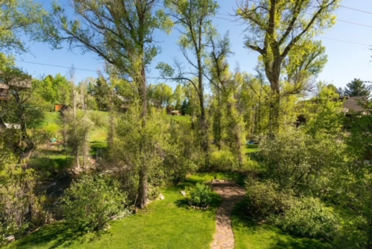 A scenic view of a lush, green pathway bordered by tall trees, inviting residents and guests to explore nature just steps from the property. The scene is vibrant and full of the promise of outdoor adventure.